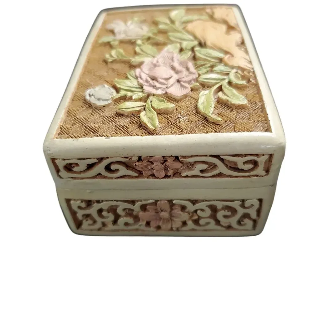 Vintage Ivory Cinnabar Floral Carved Trinket/Jewelry Box & Lid Purple Rose MCM